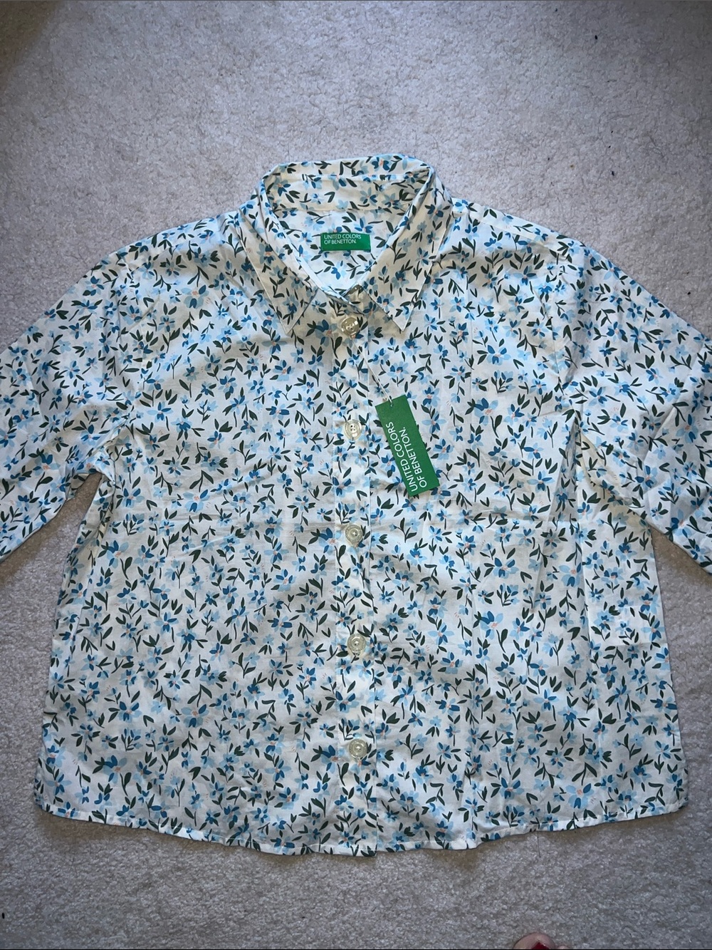 United Colors of Benetton Green Blue Leaf Floral Print Button-Up Shirt L NEW
